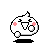 Pixelated cartoon character with pink cheeks, triangular nose, and circular eyes, shown in four sequential poses with shifting limbs and a black base.