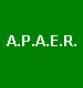 Green banner with repeated 'A.P.A.E.R.' text and white pixelated icons of a smiling face, two faces with schoolhouse background.