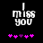 Pixelated text 'i miss you' in white with pink and purple hearts below on black background, animated hearts shift position.