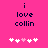 A bright pink background displays the text "i love collin" in dark blue pixelated letters, with five white and light pink heart symbols below.