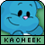 Blue cartoon character with black eyes and pink nose, smiling in a of nine with green background text reading KACHEEK