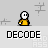 Pixelated character in yellow shirt with white head, pink accents on face and bubble, gray background with repeating 'X' symbols, text below reads DECODE.