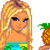 Pixel art buddy icon featuring a blonde cartoon woman in tropical swimwear with palm tree and pineapple props, text "Loves 2 swim" below.