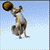 Animated sequence of a cartoon wolf interacting with a brown acorn-shaped container against a light blue background.
