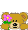 Pixelated brown teddy bear with black nose and eyes, holding or wearing pink flowers in various positions across frames.