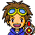 Pixel art contact sheet of six animated frames showing a character with brown hair, yellow goggles, and blue jacket holding a red-and-white device across different poses and expressions.
