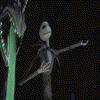 Animated sequence showing skeletal character Jack Skellington dancing, interacting with a green tree, and standing on a hill under a large yellow moon.