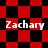 Red and black checkered background with four instances of the text 'Zachary' in white pixelated font.