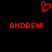 Red pixelated heart symbol above two identical red text lines reading ANDREW! on black background.