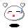Pixelated white circular character with closed eyes, red cheeks, and a red mouth, surrounded by white heart shapes and a blue teardrop, on a gray background.