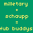 Pixelated text displays 'milletary + schaupp = fub buddys' across four colored with yellow text on green, blue, purple, and teal backgrounds