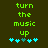 Green pixelated text reads 'turn the music up' above five cyan plus signs on a dark brown background, with one plus sign changing color between frames.