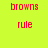 A static image with four quadrants displaying red text on colored backgrounds: 'browns' and 'rule' in pixelated font.