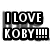 Black and white pixelated icon with text "I LOVE KOBY!!!!" and two heart symbols with "<3" on the right side.