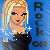 Pixelated image of a blonde woman with blue eyes and red lips wearing a black top against a blue background, with vertical text reading "ROCK ON" on the right.