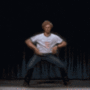 A person in a white t-shirt and blue jeans performs sequential dance moves against a dark background with vertical light streaks.