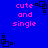 Blue background with pink text 'cute and single' and black pixelated square icons in four corners, repeating in a pattern