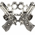 Pixelated grayscale icon of a stylized figure with outstretched arms and legs, featuring a central star shape and abstract geometric patterns.