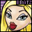 Pixelated cartoon character with blonde hair and blue eyes in two animation frames showing mouth movement, labeled BRATZ at top against purple striped background.