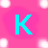 A static image shows a cyan letter K on a pink background with white circular highlights, partially overlaid by a gray rectangle.