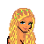 Pixelated cartoon figure with long blonde hair and blue eyes, wearing a yellow-and-black patterned dress; black background displays white text 'grrr' below.