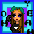 Pixelated character with long brown hair, green headband, black crop top with white star, green skirt, and ice skates against blue-purple background.