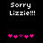 Black background with white pixelated text 'Sorry Lizzie!!!' and five pink/purple heart icons below, two versions showing animation changes.