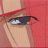 Pixelated close-up of a character's eye with dark eyeliner, red headband, and pink background.