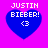 Four identical pixelated blue hearts on a bright pink background, each containing white text reading "JUSTIN BIEBER!" and a heart symbol <3.