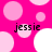 Pink background with light pink and white circles; four instances of the text 'jessie' in black lowercase letters; visible pixelation and blocky rendering.