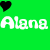 A 3x3 grid of pixelated buddy icons featuring the name "Alana" in white text on various solid backgrounds with black heart symbols, each frame showing a different background color and heart position.