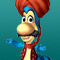 Pixelated cartoon character with red afro hair, blue sideburns, yellow face, and black mustache against teal background.