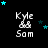 Pixelated text 'Kyle' and 'Sam' with a small figure between them, surrounded by scattered cyan and dark blue stars on black background.