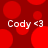 Red background with scattered red circles and white text reading "Cody <3" repeated four times.