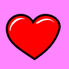 Red heart-shaped icon with black outline on pink background, showing sequential animation of a character emerging from the center.