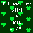 Green pixelated hearts and white text on a dark green background with repeated phrases 'I love her', 'VHM', '+', 'BTL', '= <3' arranged in two mirrored