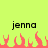 Pixelated text 'jenna' appears twice on a bright green background with red pixelated flames below.