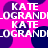 Pixelated text repeats 'KATE' and 'LOGRAND' in white on a bright pink background with dark purple shapes.
