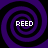 Four identical spiral patterns arranged in a , each containing the word REED in white pixelated text at center against purple and black concentric spirals