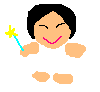 Pixelated angel figure with black hair and white dress holding a blue wand with yellow star, repeated in two on gray background