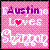 Pixelated pink background with purple and white text reading 'Justin loves Britney' where the word 'loves' contains a red heart symbol replacing the letter 'o'.