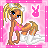 Pixel art contact sheet of a cartoon pony character in pink bikini performing various poses against a pink background with bunny symbols.