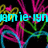 Pixelated cyan text reading 'amie-ly' overlaid on abstract pink, green, and blue shapes against a black background.