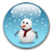 Six animated snowman frames in a contact sheet showing subtle pose changes within a blue snow globe background with falling snow.