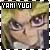Pixelated anime-style face with blonde hair and purple eyes, two versions of the same image side-by-side showing different text backgrounds.