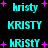 Pixelated cyan text 'kristy' variations with pink stars on black background, animated star positions and letter case changes across frames.