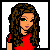 Pixel art of six showing a woman's full body, partial views, text fragments, and an American flag
