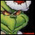 Pixelated green character with white beard and red mouth, showing two distinct text overlays on black background.