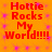 A static image with orange background and red text reading "Hottie Rocks My World!!!!!" repeated in two identical , overlaid with pink pixelated patterns