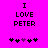 Bright pink background with black pixelated text "I LOVE PETER" and a of five heart symbols below, where the third heart is purple
